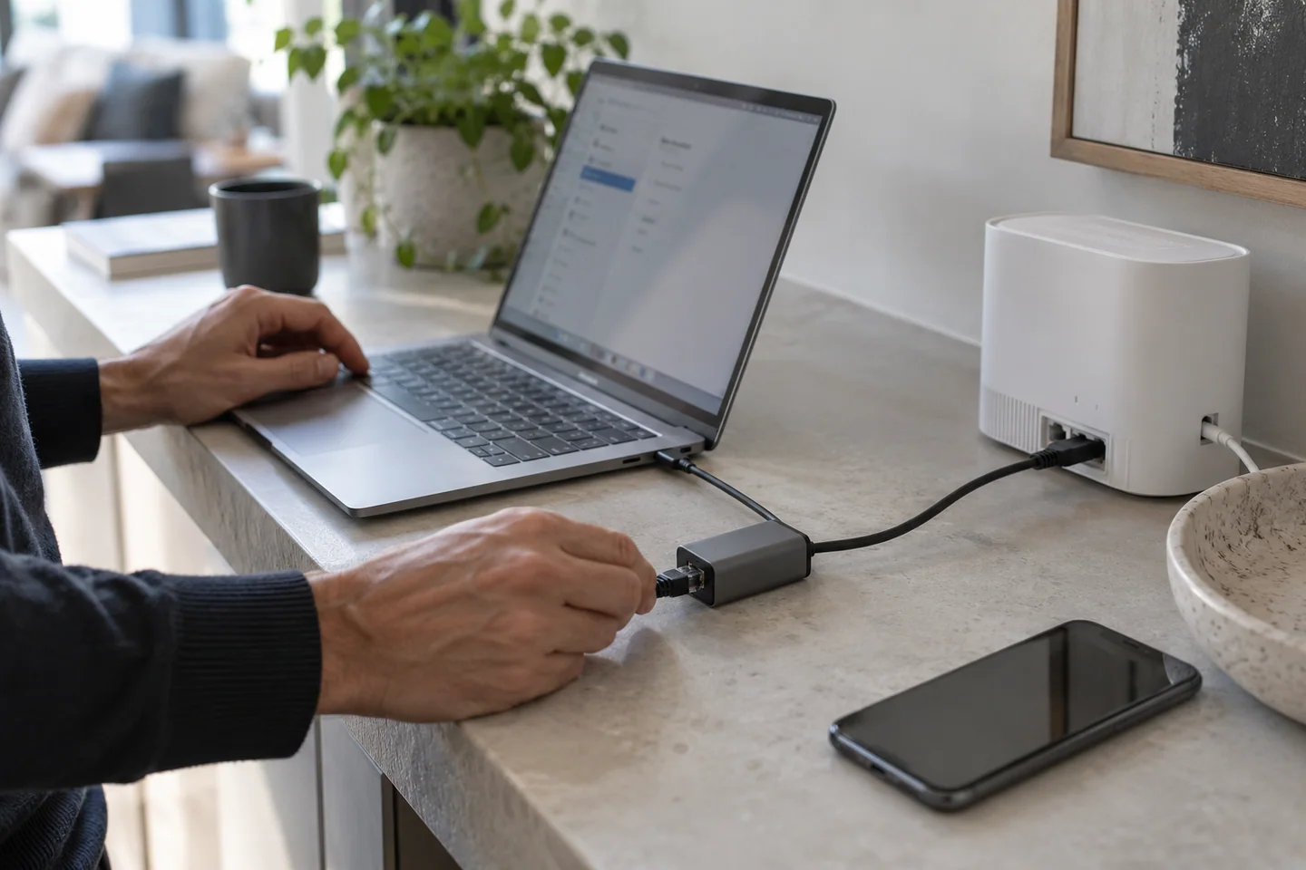 手部检查笔记本旁的USB-C网络适配器,手机与网关位于客户端下载准备区域